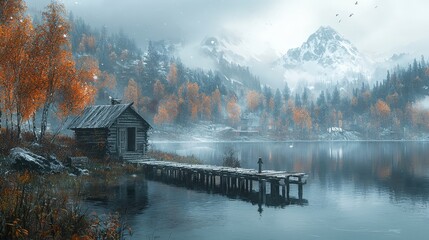 Fototapeta premium Secluded Cabin on Snowy Lake with Mountain Views