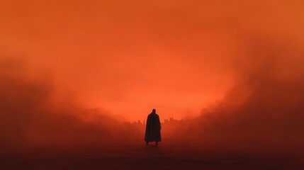Silhouetted Knight in a Foggy  Red Landscape with Distant Fantasy Castle