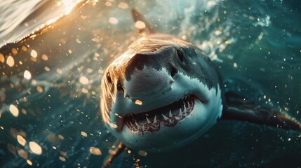 Fototapeta premium A close-up view of an oceanic shark swimming under water.