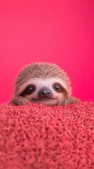 Cute Sloth Peeking Over Pink Furry Background   Adorable Animal Portrait