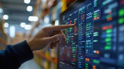 Hands using touchscreen with worldwide stock data, concept of efficient warehouse management