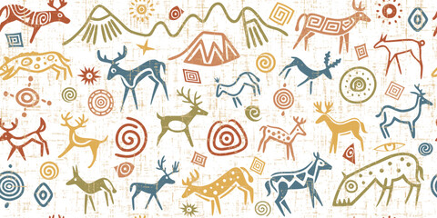 Seamless petroglyph pattern, rock paintings, naive art, vector design