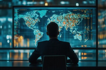 Manager overseeing global warehouse map on screen, coordinating inventory flow