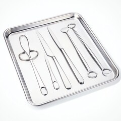 A collection of surgical instruments on a stainless steel tray, showcasing precision tools for medical procedures, isolated on a white background.