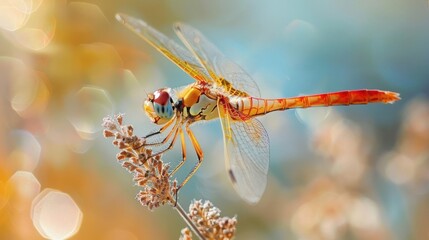 Naklejka premium Colorful dragonfly perched on a blossom.