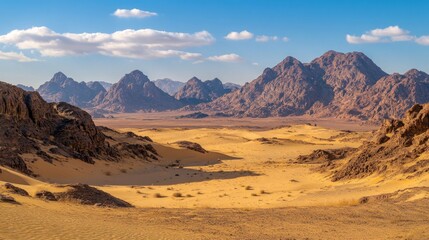 Fototapeta premium A vast desert landscape with mountains and a clear blue sky.