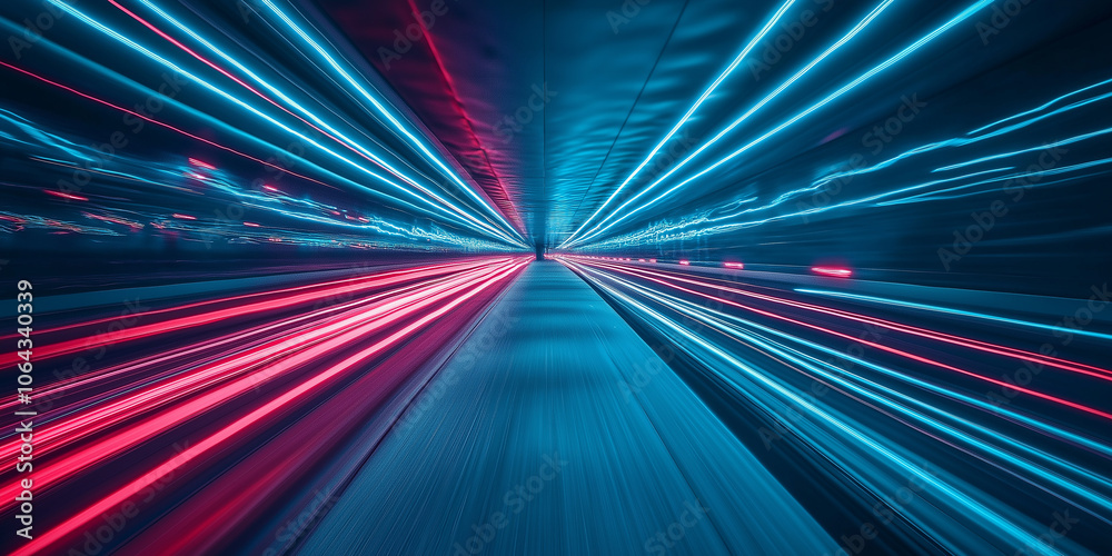 Poster Light trails creating colorful streaks in a futuristic tunnel at night