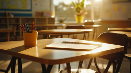 sunlit classroom with wooden desks, yellow pencil holder, and notebook. warm light creates calm and inviting atmosphere for learning