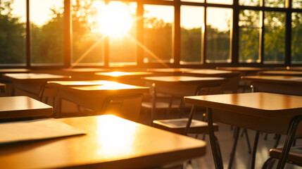 warm sunset illuminates empty classroom desks, creating serene atmosphere. sunlight streams through large windows, enhancing peaceful setting