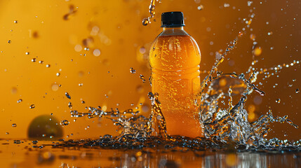 An orange-colored energy drink bottle splashes in water against a vibrant orange background, showcasing energy, refreshment, and motion