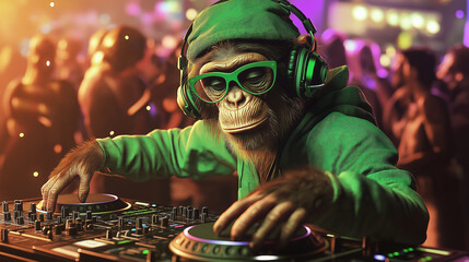 Stylish chimpanzee dj mixing music at a lively party