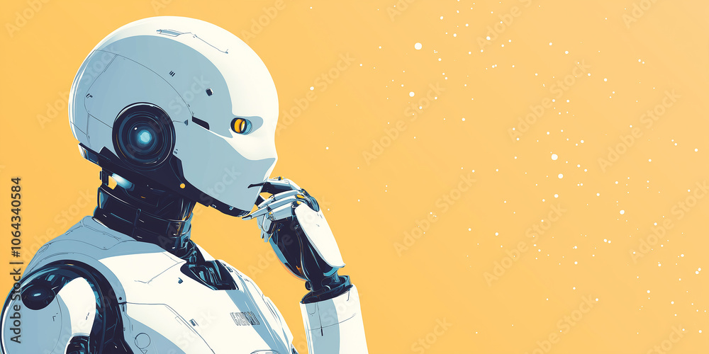 Poster White robot thinking and touching its face on yellow background
