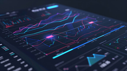 Close-up of a digital financial dashboard displaying analytics graphs and data trends in blue and pink lines, showing performance metrics