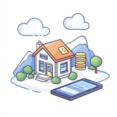 A digital illustration of a house with coins and a mobile phone, symbolizing real estate investment and financial growth, on a white isolated background.