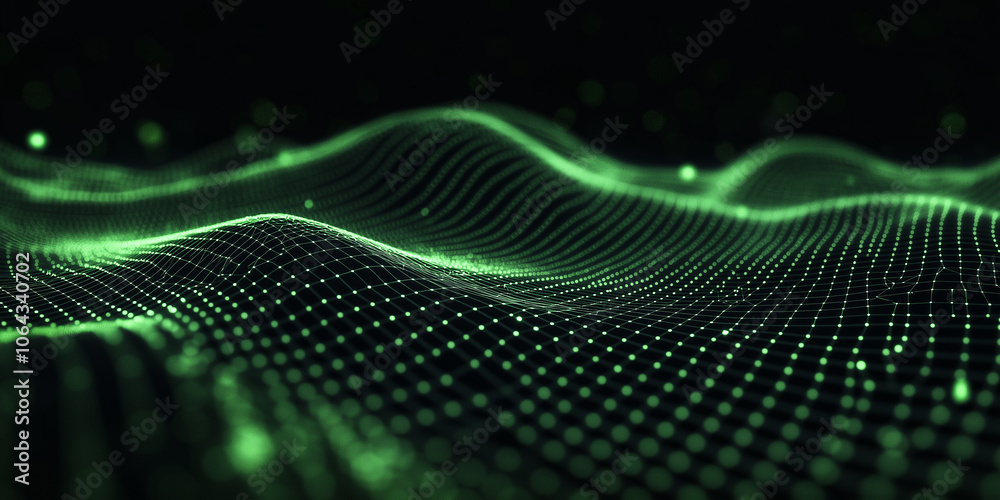 Poster green particle grid forming a digital landscape in cyberspace