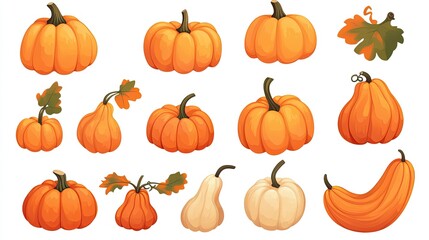 Collection of Colorful Pumpkins and Gourds Illustrations