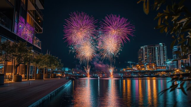 A vibrant fireworks display over a serene waterfront at night.