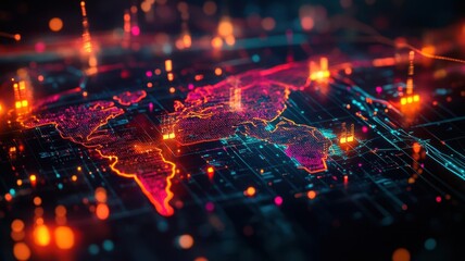 Obraz premium Abstract world map with glowing trade lines, symbols of economic policy impacting routes