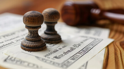 Detailed view of two antique wooden stamps on aged legal documents, evoking nostalgia and historical significance in a retro style