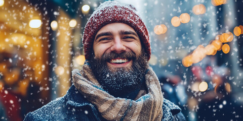 Happy bearded man smiling under snowfall in city during christmas time