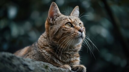 Fototapeta premium A cute cat sitting alone on a rock with a forest in the background.