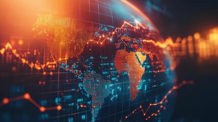Lines tracing economic relations across abstract globe, policy impacts on international trade
