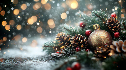 Festive Christmas decoration featuring golden ornament, pinecones, and snowy foliage