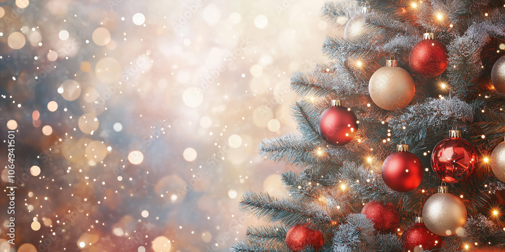 Poster christmas tree decorated with red and gold baubles and string lights sparkling in a festive atmosphe