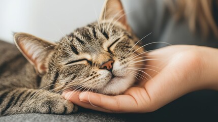 A person gently cares for their sleeping cat in a cozy indoor environment
