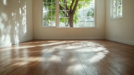 Fototapeta premium Sunlight Streaming Through Window onto Hardwood Floor in Empty Room