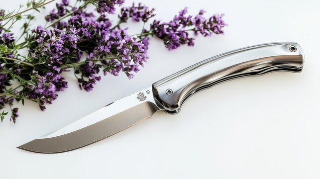 A beautifully crafted stainless steel knife with a striking black handle lies on a clean, white surface, showcasing its sharp blade and ergonomic design, ideal for culinary enthusiasts.