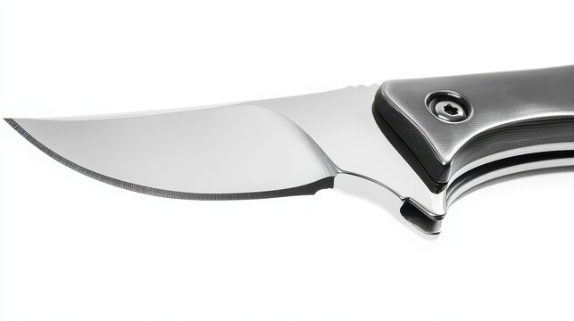 A beautifully crafted stainless steel knife with a striking black handle lies on a clean, white surface, showcasing its sharp blade and ergonomic design, ideal for culinary enthusiasts.