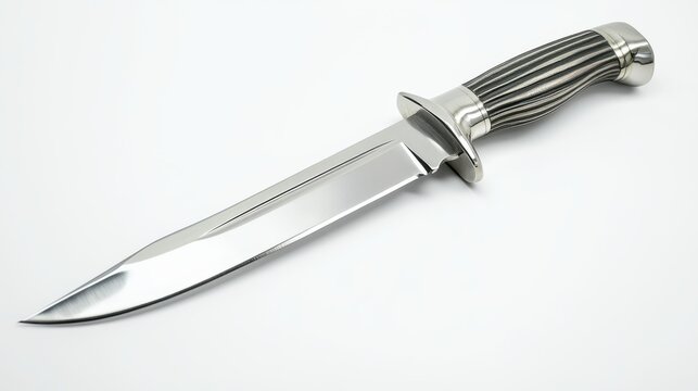 A beautifully crafted stainless steel knife with a striking black handle lies on a clean, white surface, showcasing its sharp blade and ergonomic design, ideal for culinary enthusiasts.