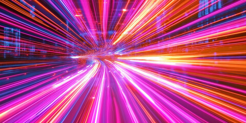Fast moving colorful lights and data flowing through cyberspace tunnel