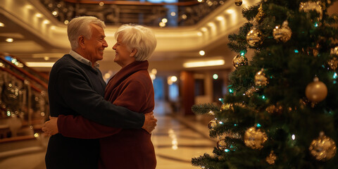 Fototapeta premium Senior couple embracing near christmas tree in hotel lobby