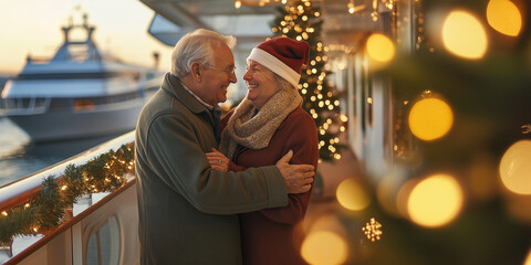 Senior couple embracing on cruise ship deck during christmas time