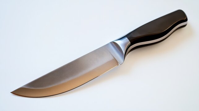 A beautifully crafted stainless steel knife with a striking black handle lies on a clean, white surface, showcasing its sharp blade and ergonomic design, ideal for culinary enthusiasts.