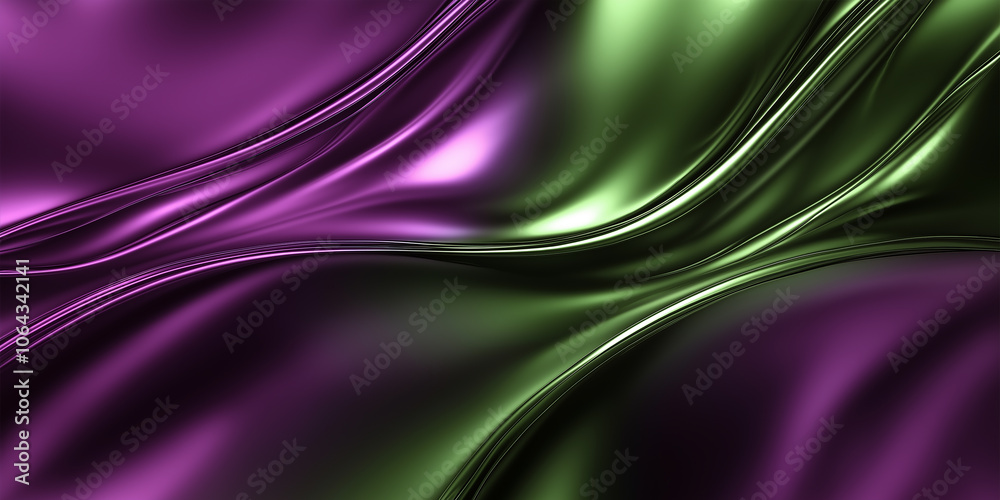Poster Smooth flowing purple and green metallic material creating abstract waves