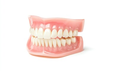 Obraz premium A realistic dental model showcasing a complete set of teeth on a pink gum base, isolated on a white background for educational purposes.