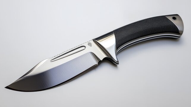 A beautifully crafted stainless steel knife with a striking black handle lies on a clean, white surface, showcasing its sharp blade and ergonomic design, ideal for culinary enthusiasts.