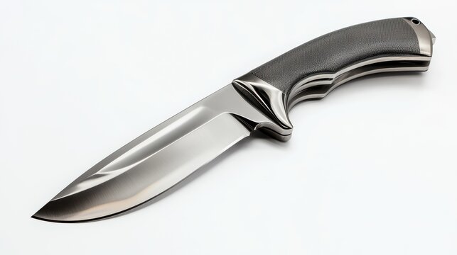 A beautifully crafted stainless steel knife with a striking black handle lies on a clean, white surface, showcasing its sharp blade and ergonomic design, ideal for culinary enthusiasts.