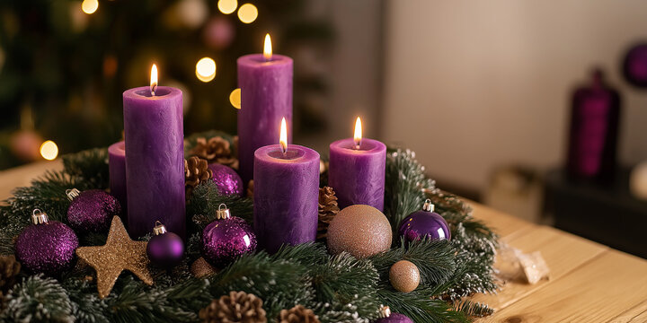 Purple advent candles burning brightly on christmas wreath with purple and gold ornaments