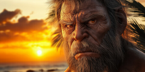 Neanderthal man emerging from the ocean at sunset reflecting on humanity history