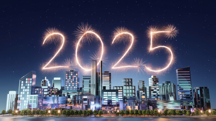 vibrant city skyline celebrating New Year 2025 with fireworks