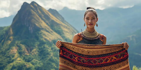 Indigenous woman showing traditional woven textile with mountain view in background