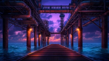 Illuminated Oil Rigs at Dusk with Intricate Lighting Effects