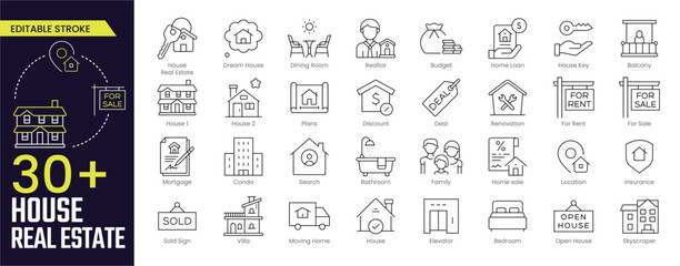 House Real Estate Stroke icon collections. Containing Dream House, Realtor, Budget, Home Loan, House Key, Open House, Insurance, Location, For Rent, and For Sale icons. Editable Stroke icon collection