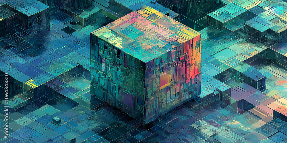 Aufkleber Complex cube structure emerging from technological circuitry background
