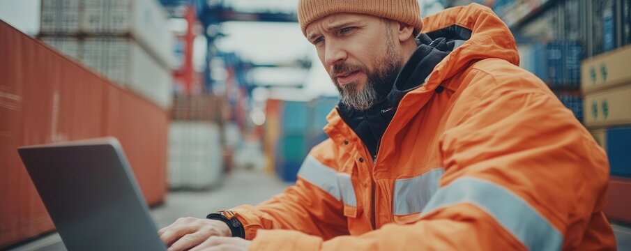 Close-up of logistics manager reviewing cargo data on laptop in busy port