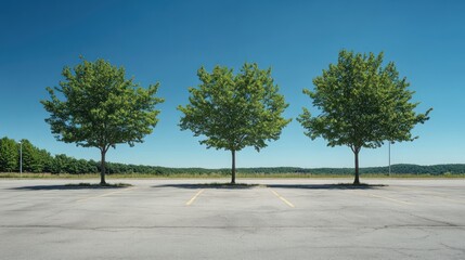 Three trees stand in a vacant parking lot under a clear blue sky.